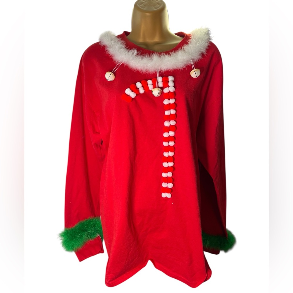 Gildan Christmas DIY Long Sleeve Holiday Top Feather Trim Candy Appliqué Red L